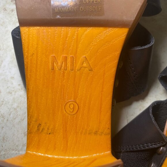 Mia Merel Black Faux Leather Open-Toe Sandals Wood Like Platform Heel Size 7 - Picture 9 of 9